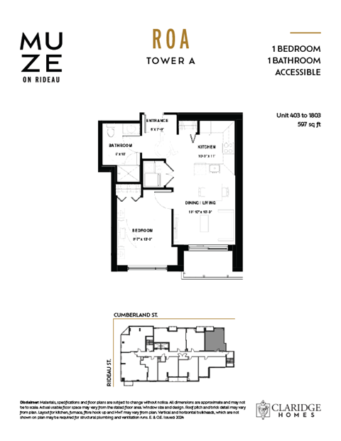 Floor plan for 1 bed, 1 bath, 597 sqft